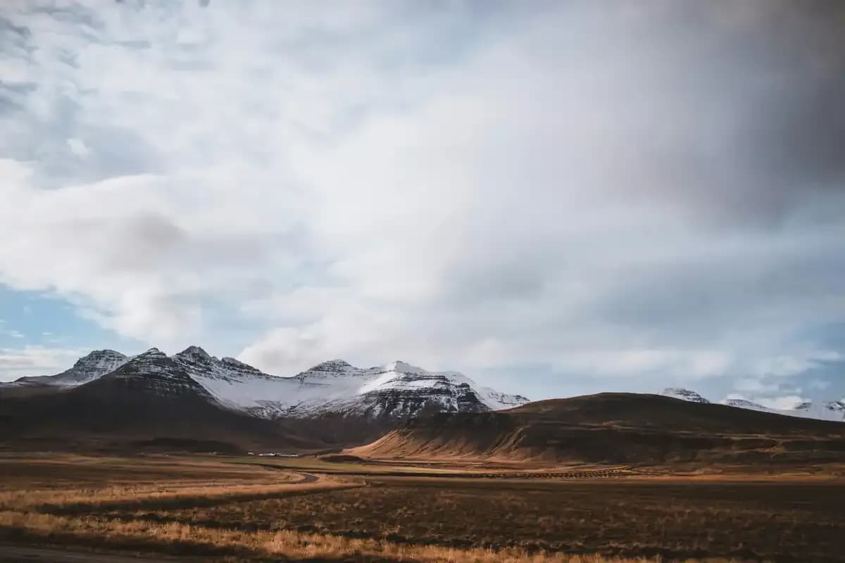 A wide plateau of golden grass beneath snow-capped mountains